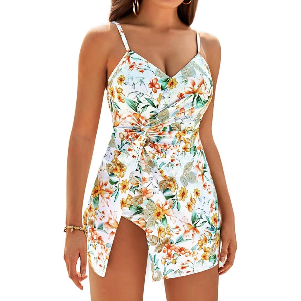 imageGRACE KARIN Womens One Piece Swim Dress V Neck Tummy Control Swimsuit Vacation Beachwear Bathing SuitWhite Yellow
