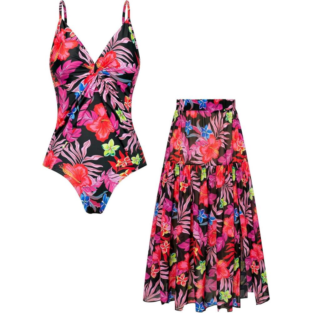 imageGRACE KARIN Womens One Piece Swimsuits with Cover Up Skirt Tummy Control V Neck Bathing SuitsBlack Red Floral