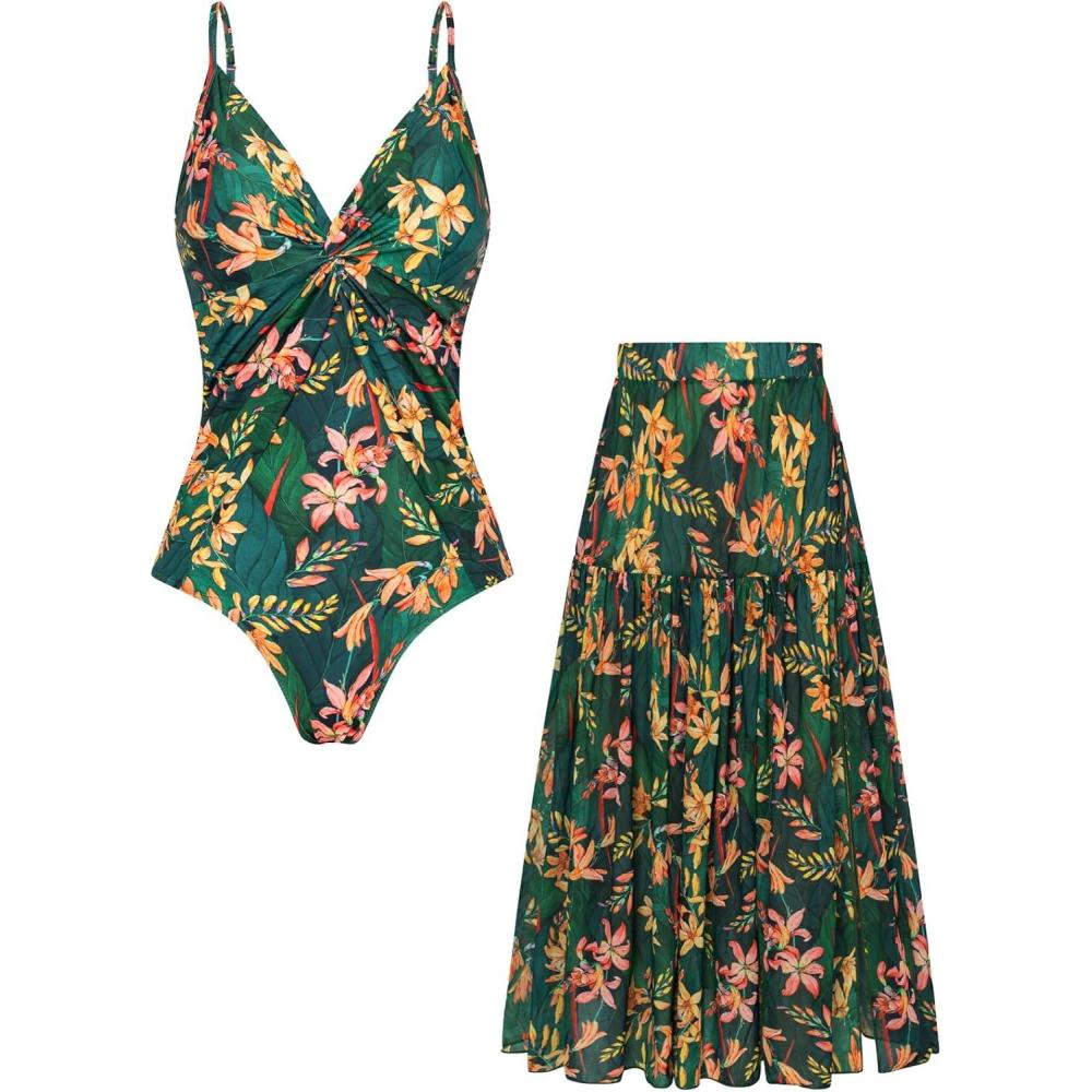 imageGRACE KARIN Womens One Piece Swimsuits with Cover Up Skirt Tummy Control V Neck Bathing SuitsDark Green Floral