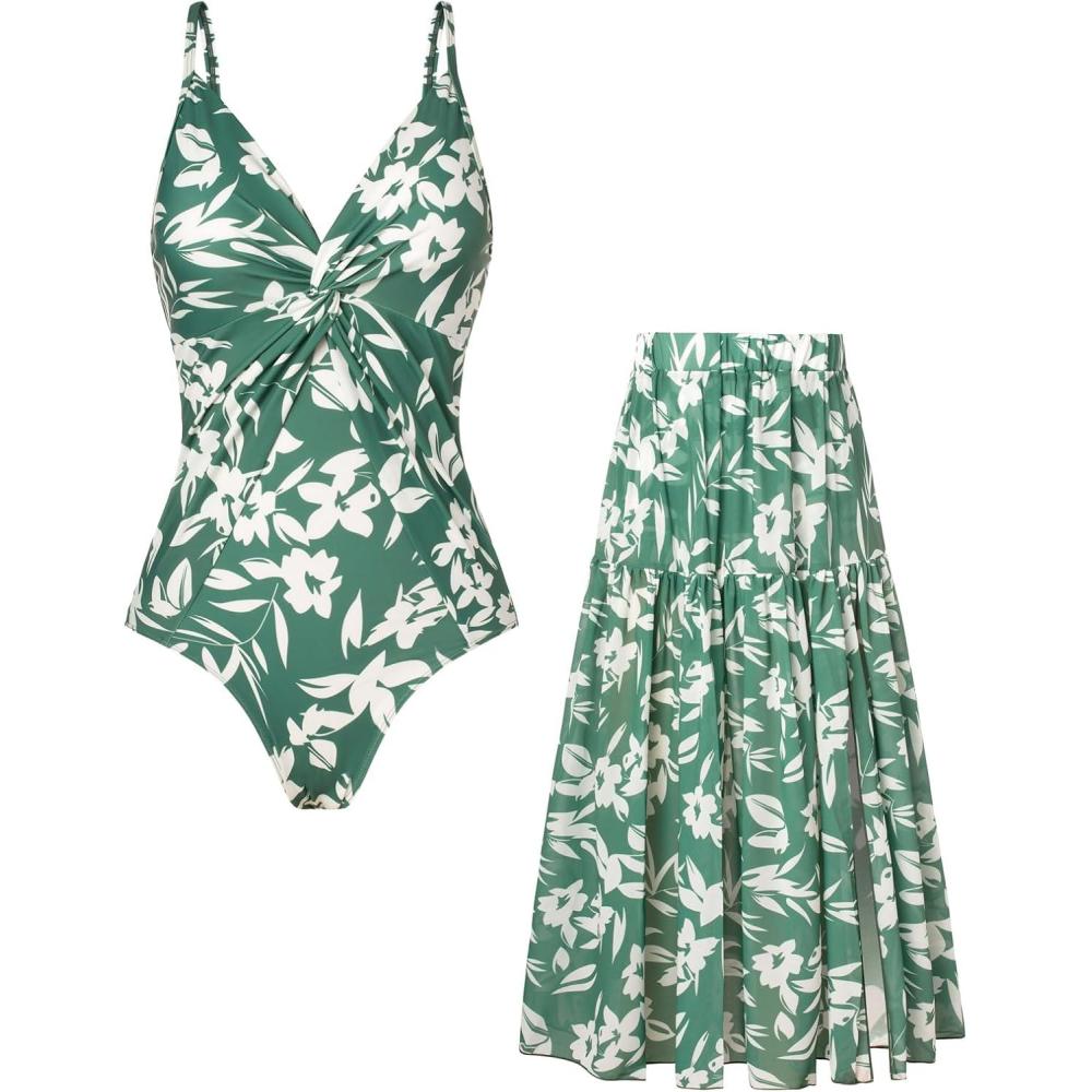 imageGRACE KARIN Womens One Piece Swimsuits with Cover Up Skirt Tummy Control V Neck Bathing SuitsGreen Floral