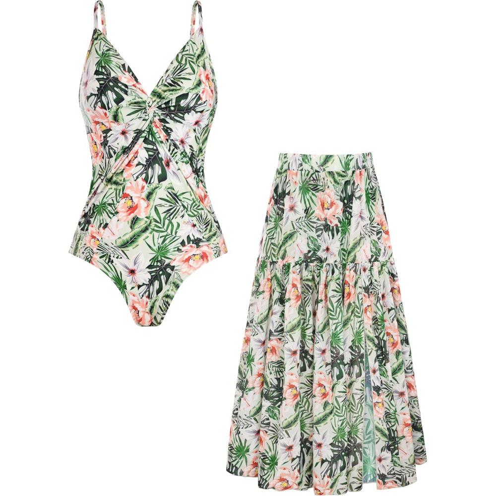 imageGRACE KARIN Womens One Piece Swimsuits with Cover Up Skirt Tummy Control V Neck Bathing SuitsGreen Leaf Floral