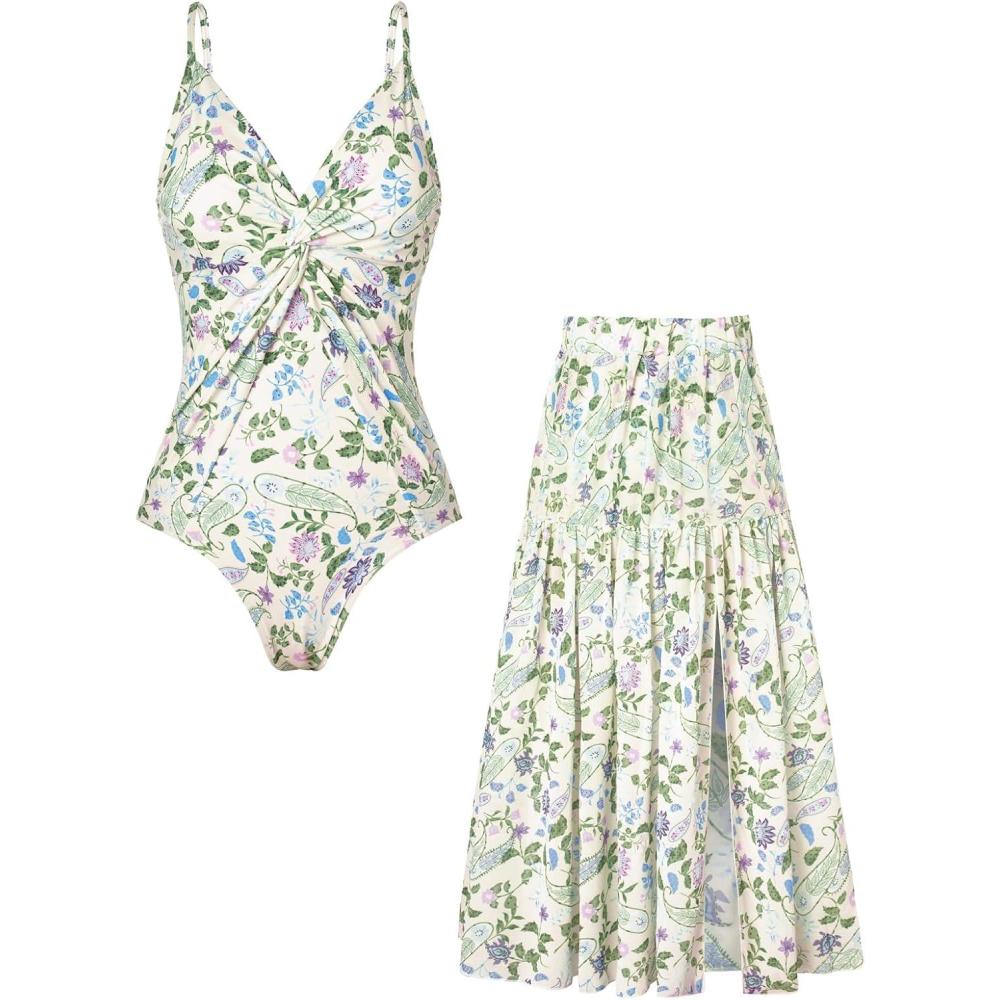 imageGRACE KARIN Womens One Piece Swimsuits with Cover Up Skirt Tummy Control V Neck Bathing SuitsLight Green Floral
