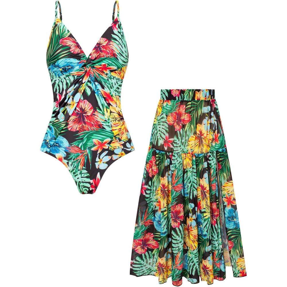 imageGRACE KARIN Womens One Piece Swimsuits with Cover Up Skirt Tummy Control V Neck Bathing SuitsMulticolored Floral