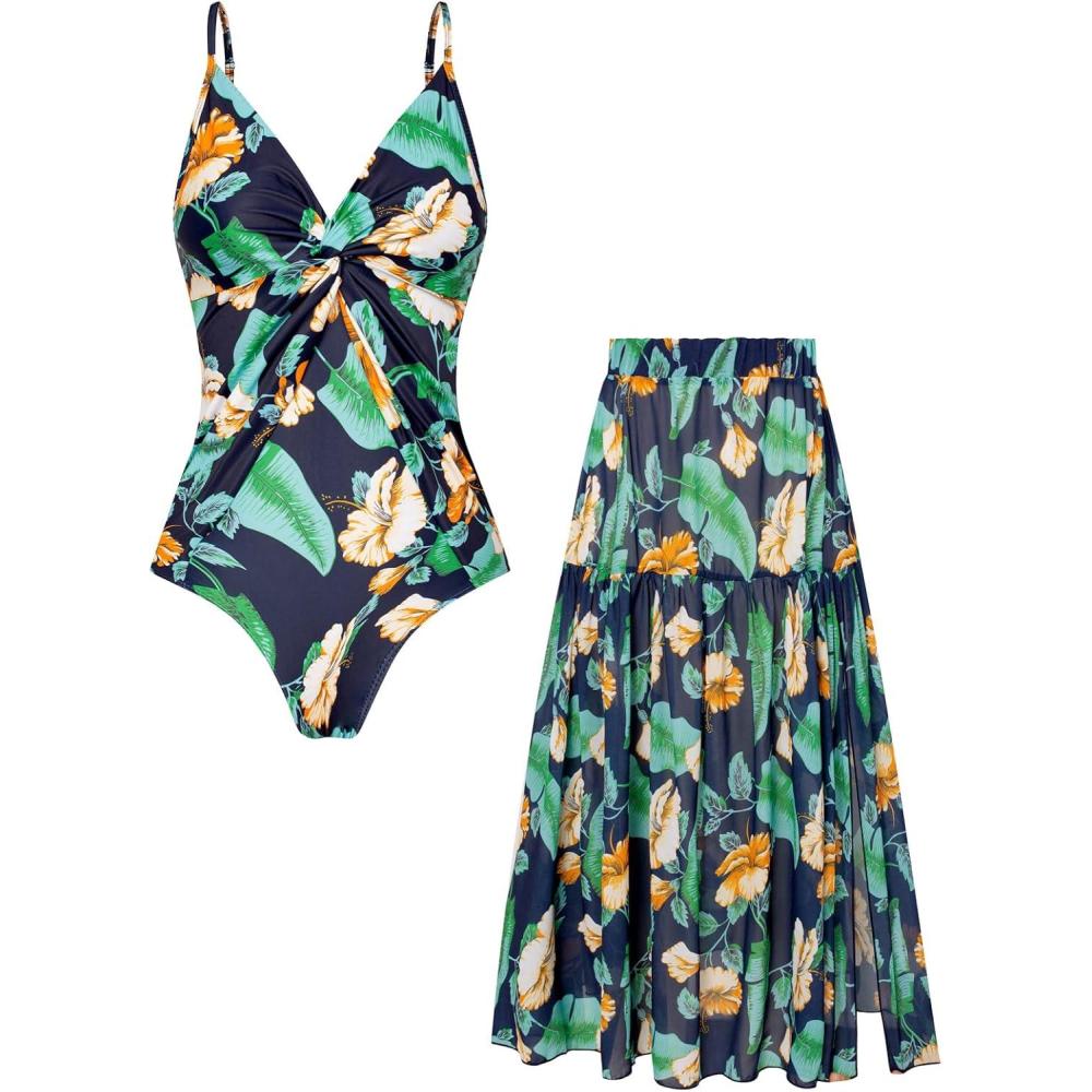 imageGRACE KARIN Womens One Piece Swimsuits with Cover Up Skirt Tummy Control V Neck Bathing SuitsNavy Blue Floral