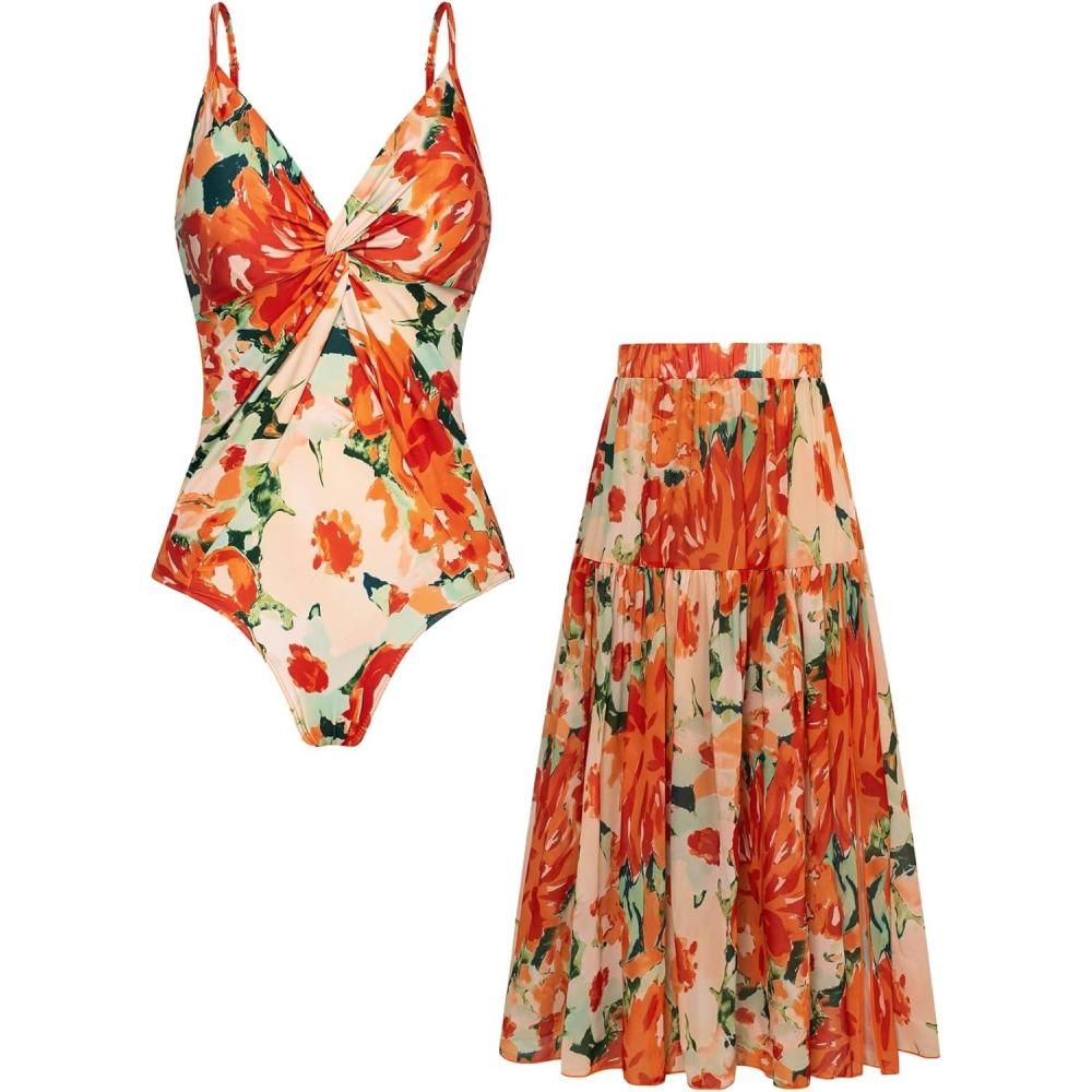 imageGRACE KARIN Womens One Piece Swimsuits with Cover Up Skirt Tummy Control V Neck Bathing SuitsOrange Floral