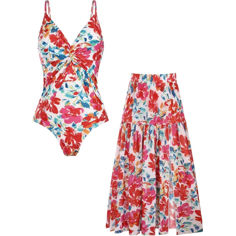 imageGRACE KARIN Womens One Piece Swimsuits with Cover Up Skirt Tummy Control V Neck Bathing SuitsRed Pink Floral