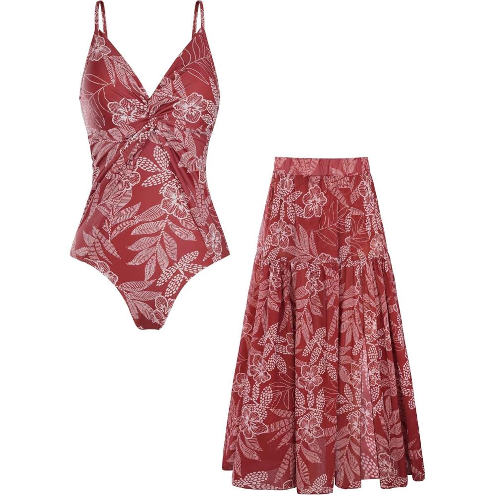 imageGRACE KARIN Womens One Piece Swimsuits with Cover Up Skirt Tummy Control V Neck Bathing SuitsRed White Floral