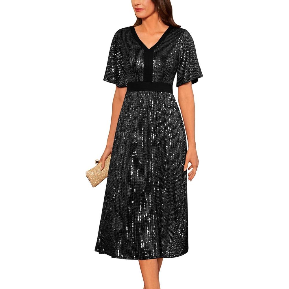 imageGRACE KARIN Womens Sequin V Neck Ruffle Sleeve Empire Waist Sparkly Glitter A Line Cocktail Formal DressesBlack