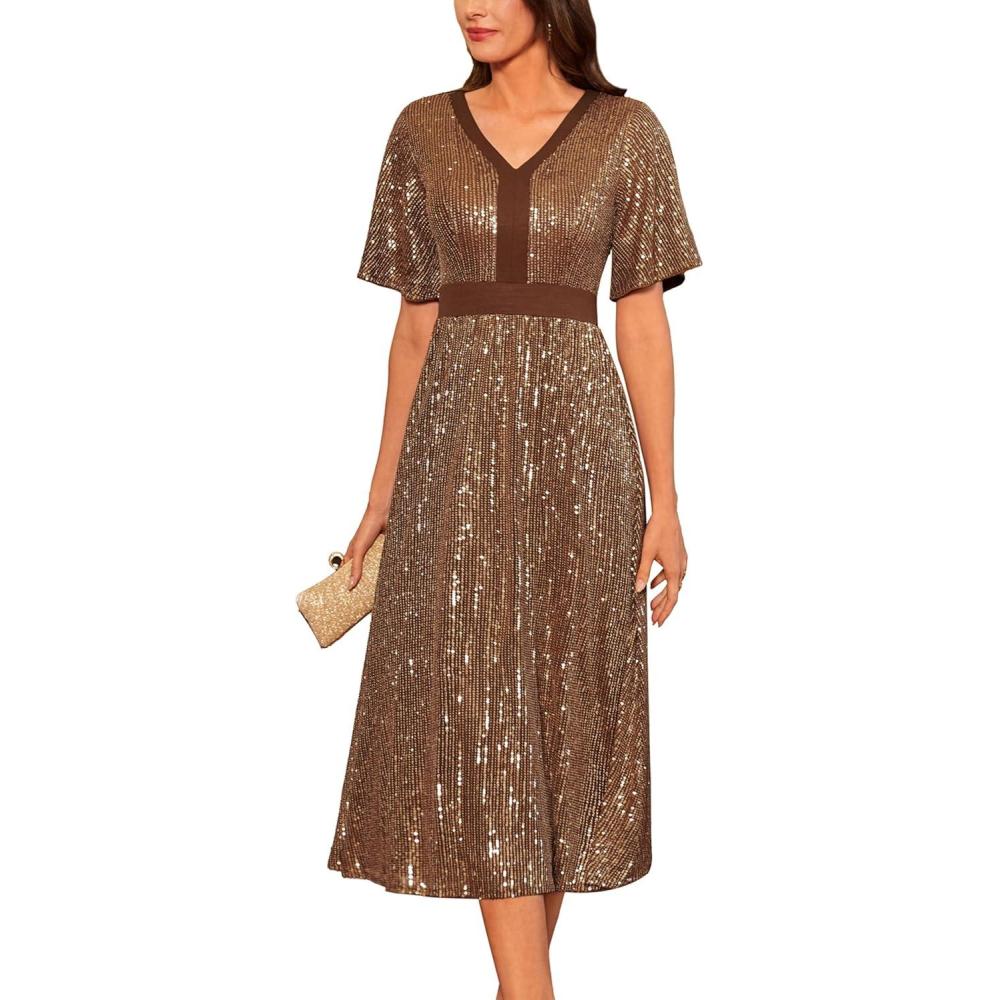imageGRACE KARIN Womens Sequin V Neck Ruffle Sleeve Empire Waist Sparkly Glitter A Line Cocktail Formal DressesBrown