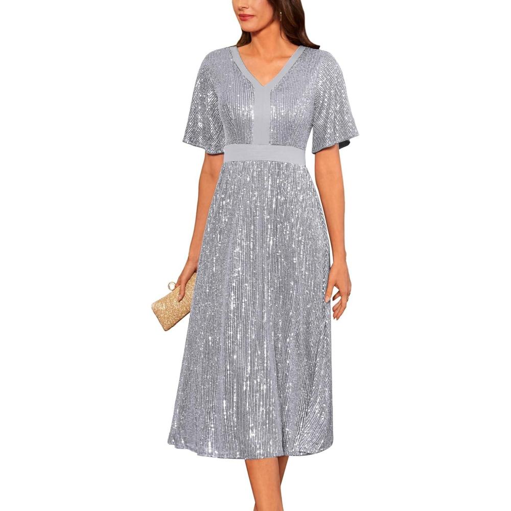 imageGRACE KARIN Womens Sequin V Neck Ruffle Sleeve Empire Waist Sparkly Glitter A Line Cocktail Formal DressesSilver