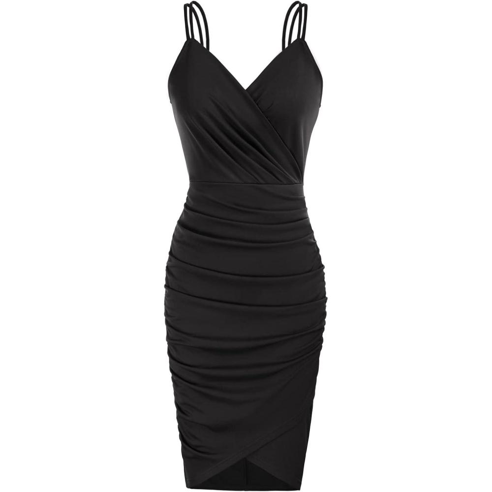 imageGRACE KARIN Womens Sexy Spaghetti Straps Cocktail Dresses for Wedding Guest Ruched VNeck Bodycon DressSolid Black