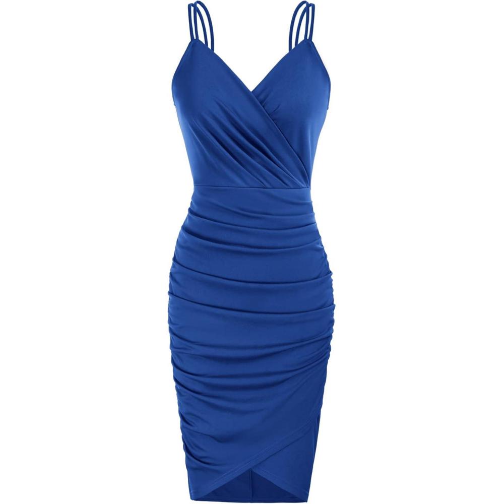imageGRACE KARIN Womens Sexy Spaghetti Straps Cocktail Dresses for Wedding Guest Ruched VNeck Bodycon DressSolid Blue
