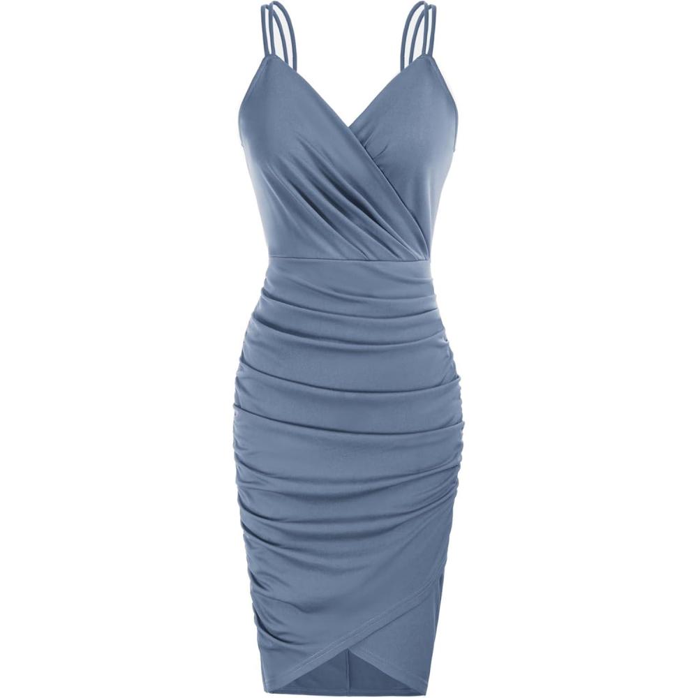 imageGRACE KARIN Womens Sexy Spaghetti Straps Cocktail Dresses for Wedding Guest Ruched VNeck Bodycon DressSolid Blue Gray