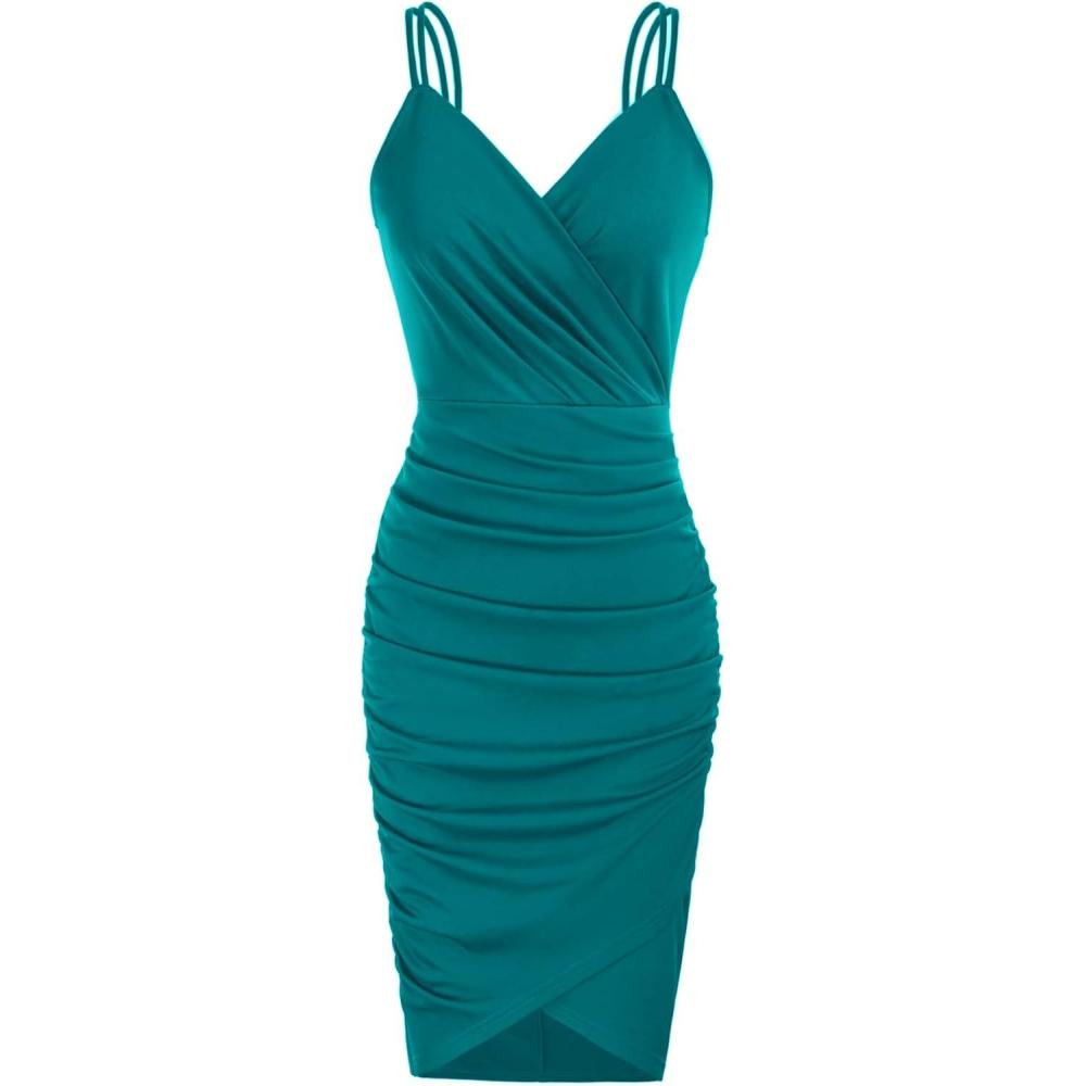 imageGRACE KARIN Womens Sexy Spaghetti Straps Cocktail Dresses for Wedding Guest Ruched VNeck Bodycon DressSolid Blue Green