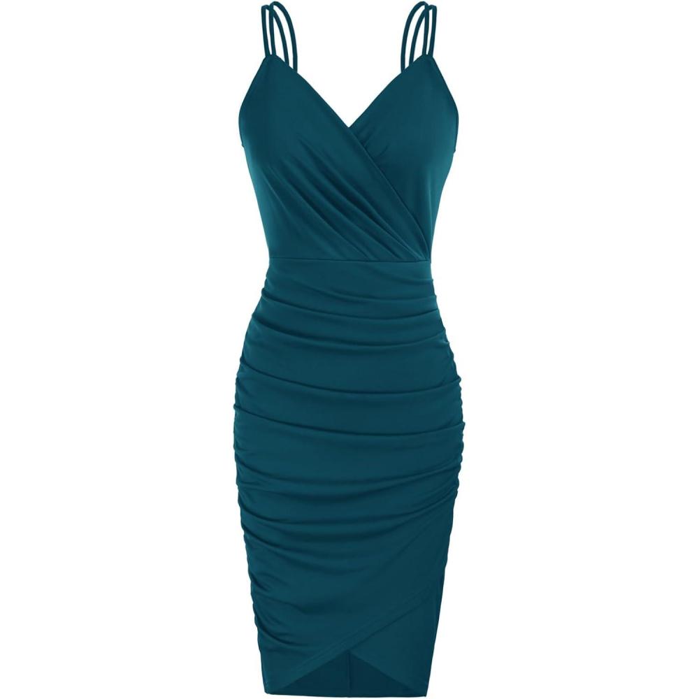 imageGRACE KARIN Womens Sexy Spaghetti Straps Cocktail Dresses for Wedding Guest Ruched VNeck Bodycon DressSolid Dark Blue Green