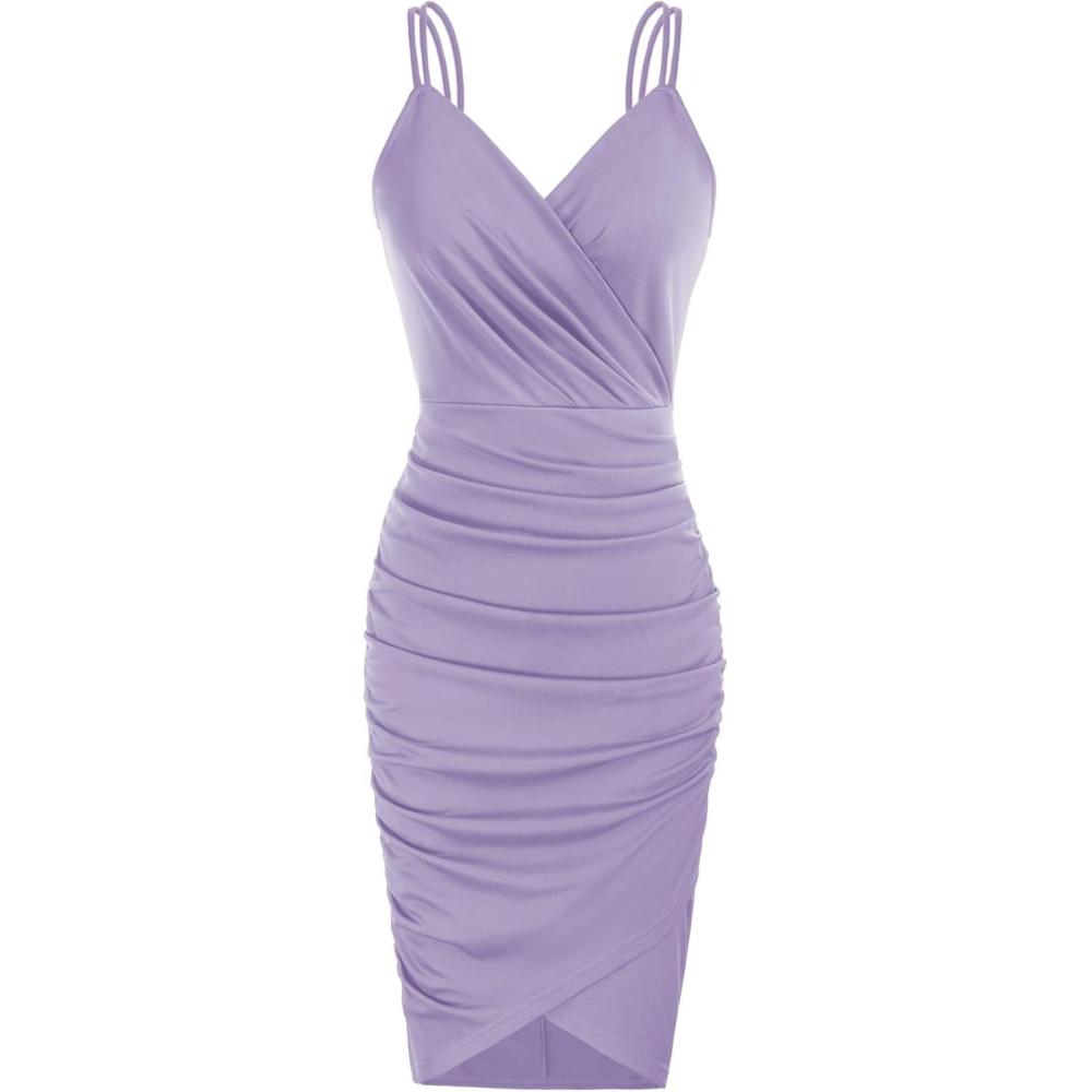 imageGRACE KARIN Womens Sexy Spaghetti Straps Cocktail Dresses for Wedding Guest Ruched VNeck Bodycon DressSolid Lilac