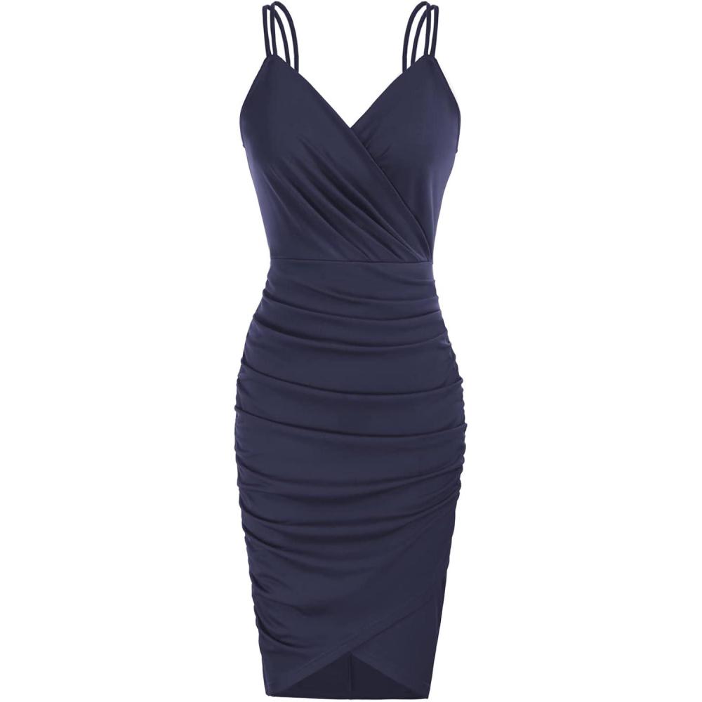 imageGRACE KARIN Womens Sexy Spaghetti Straps Cocktail Dresses for Wedding Guest Ruched VNeck Bodycon DressSolid Navy Blue