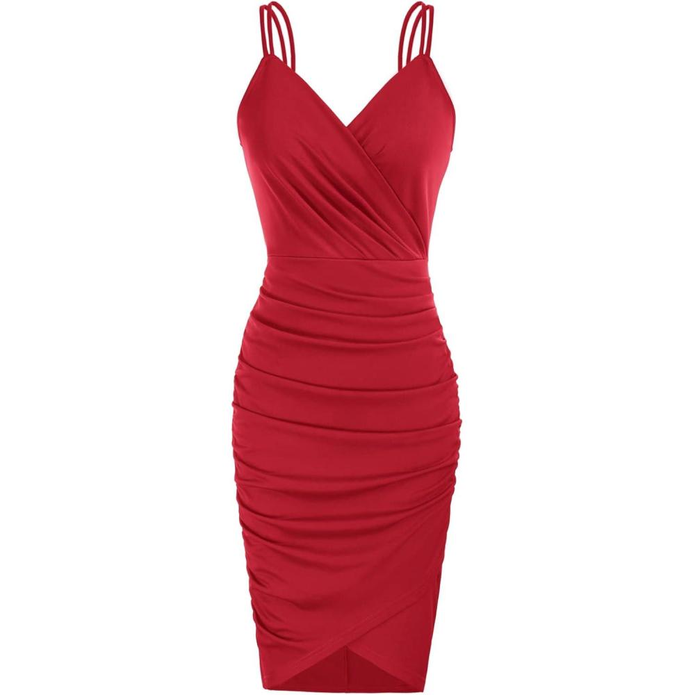 imageGRACE KARIN Womens Sexy Spaghetti Straps Cocktail Dresses for Wedding Guest Ruched VNeck Bodycon DressSolid Red