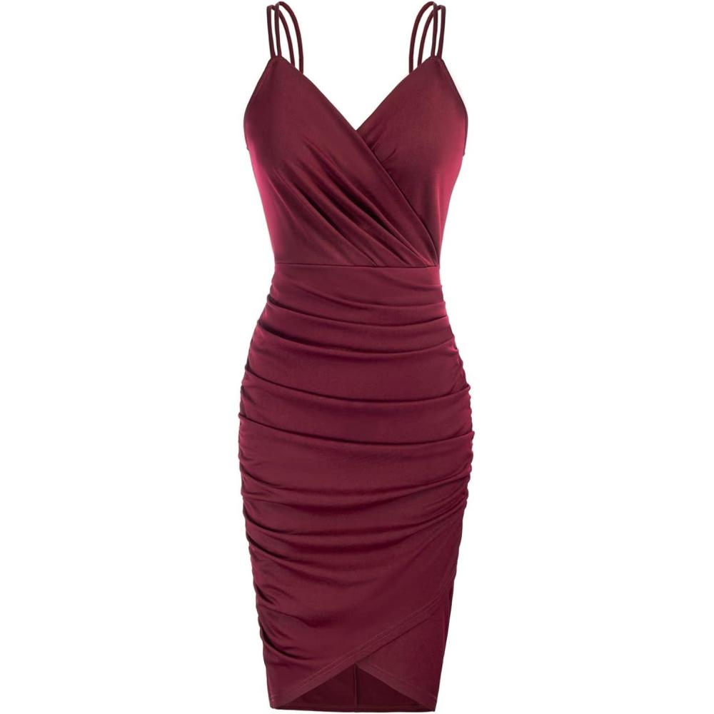 imageGRACE KARIN Womens Sexy Spaghetti Straps Cocktail Dresses for Wedding Guest Ruched VNeck Bodycon DressSolid Wine Red