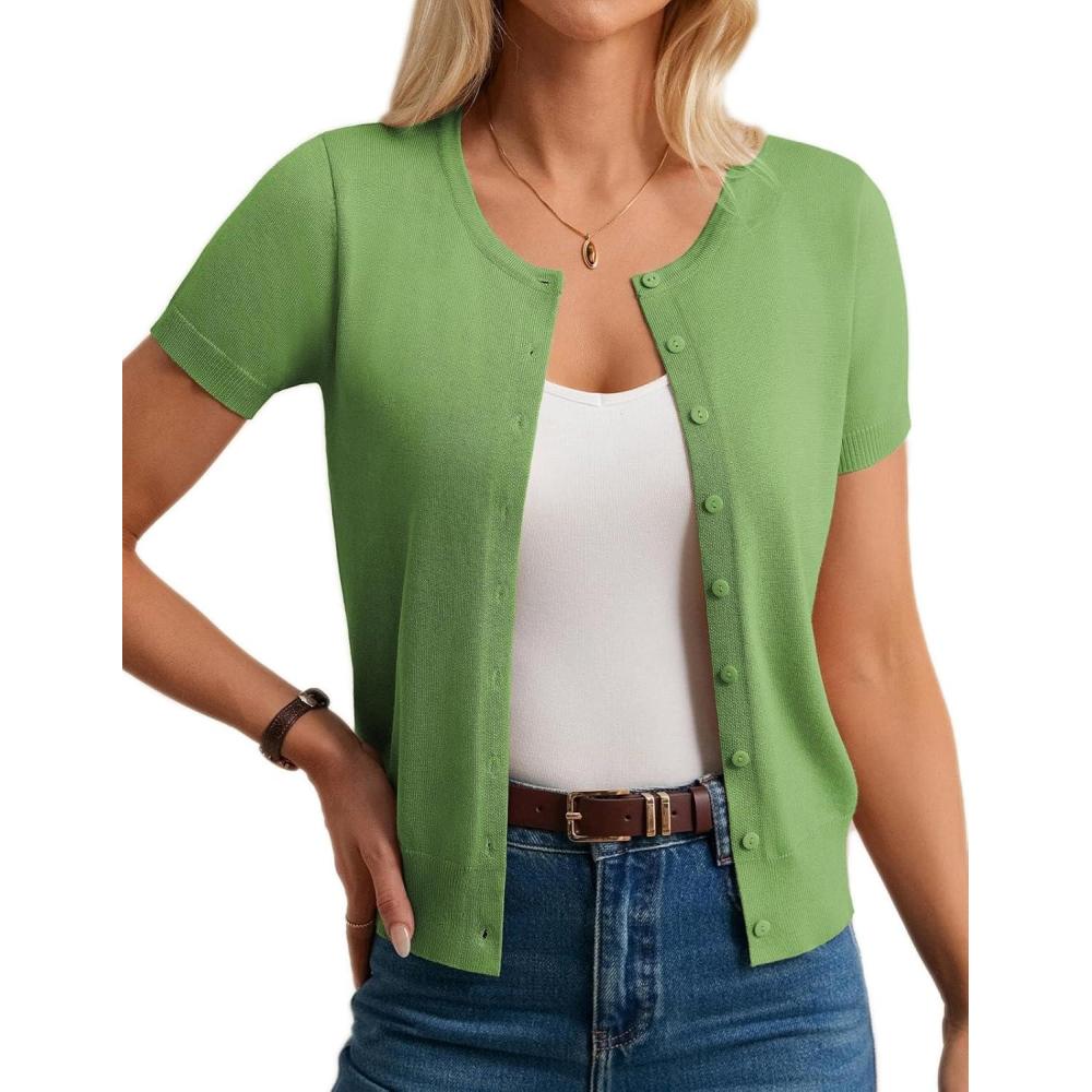 imageGRACE KARIN Womens Short Sleeve Cardigan Crewneck Basic Summer Button Down Knit Soft SweaterForest Green