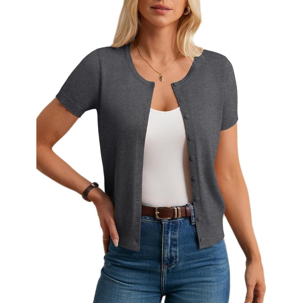 imageGRACE KARIN Womens Short Sleeve Cardigan Crewneck Basic Summer Button Down Knit Soft SweaterGray Heather