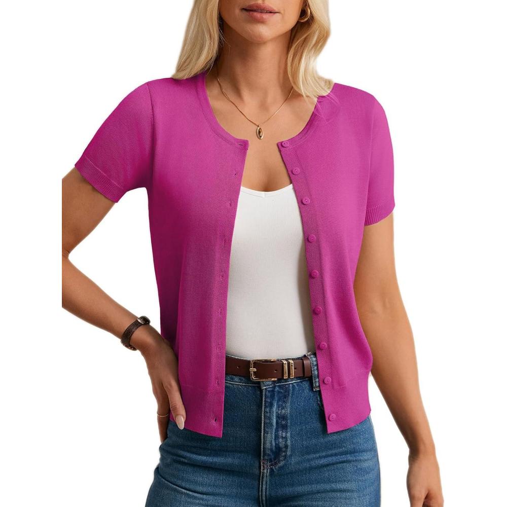 imageGRACE KARIN Womens Short Sleeve Cardigan Crewneck Basic Summer Button Down Knit Soft SweaterHot Pink