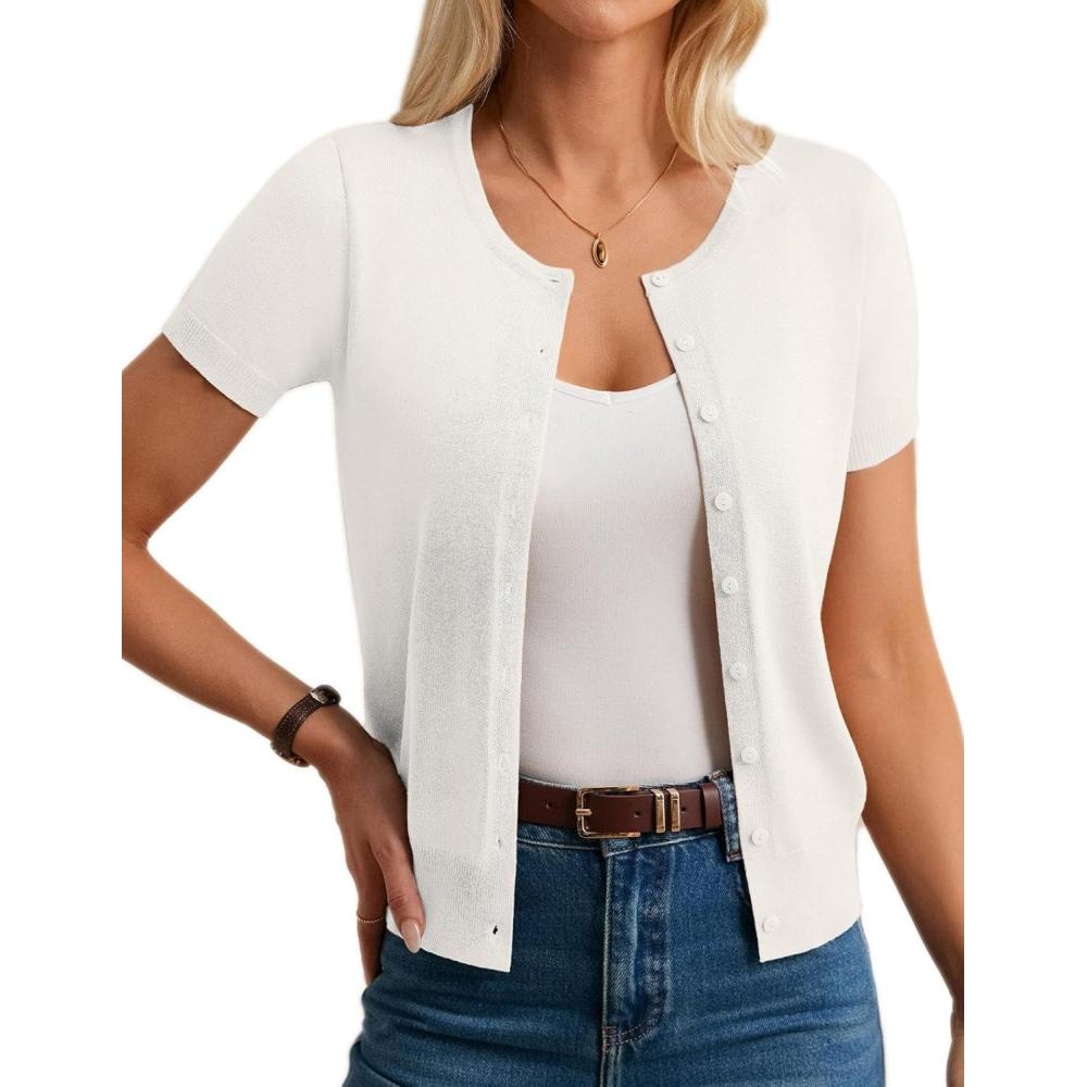 imageGRACE KARIN Womens Short Sleeve Cardigan Crewneck Basic Summer Button Down Knit Soft SweaterIvory