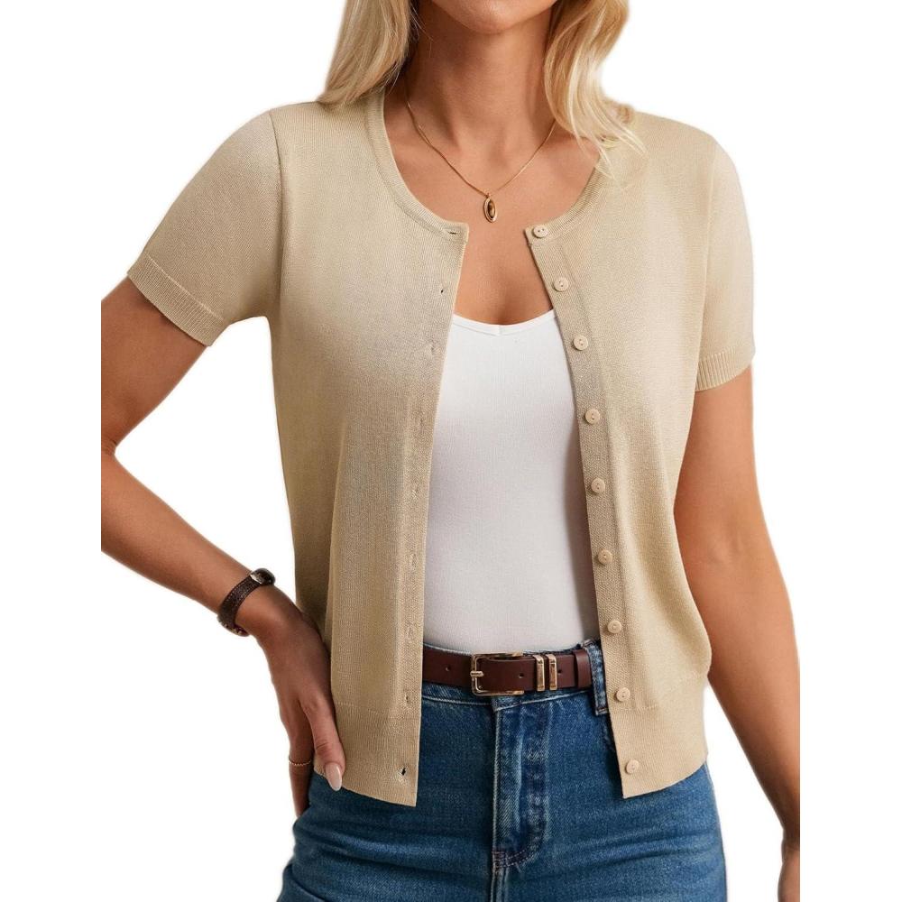 imageGRACE KARIN Womens Short Sleeve Cardigan Crewneck Basic Summer Button Down Knit Soft SweaterLight Apricot