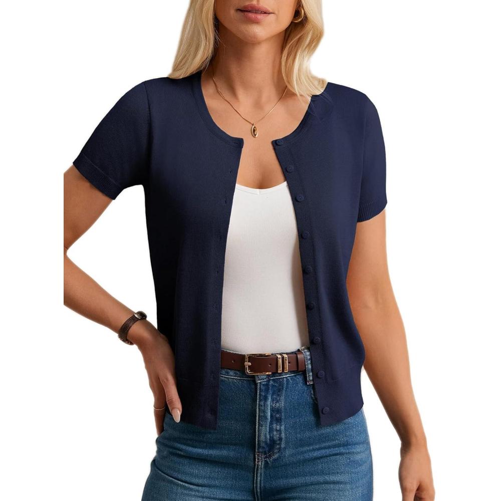 imageGRACE KARIN Womens Short Sleeve Cardigan Crewneck Basic Summer Button Down Knit Soft SweaterNavy