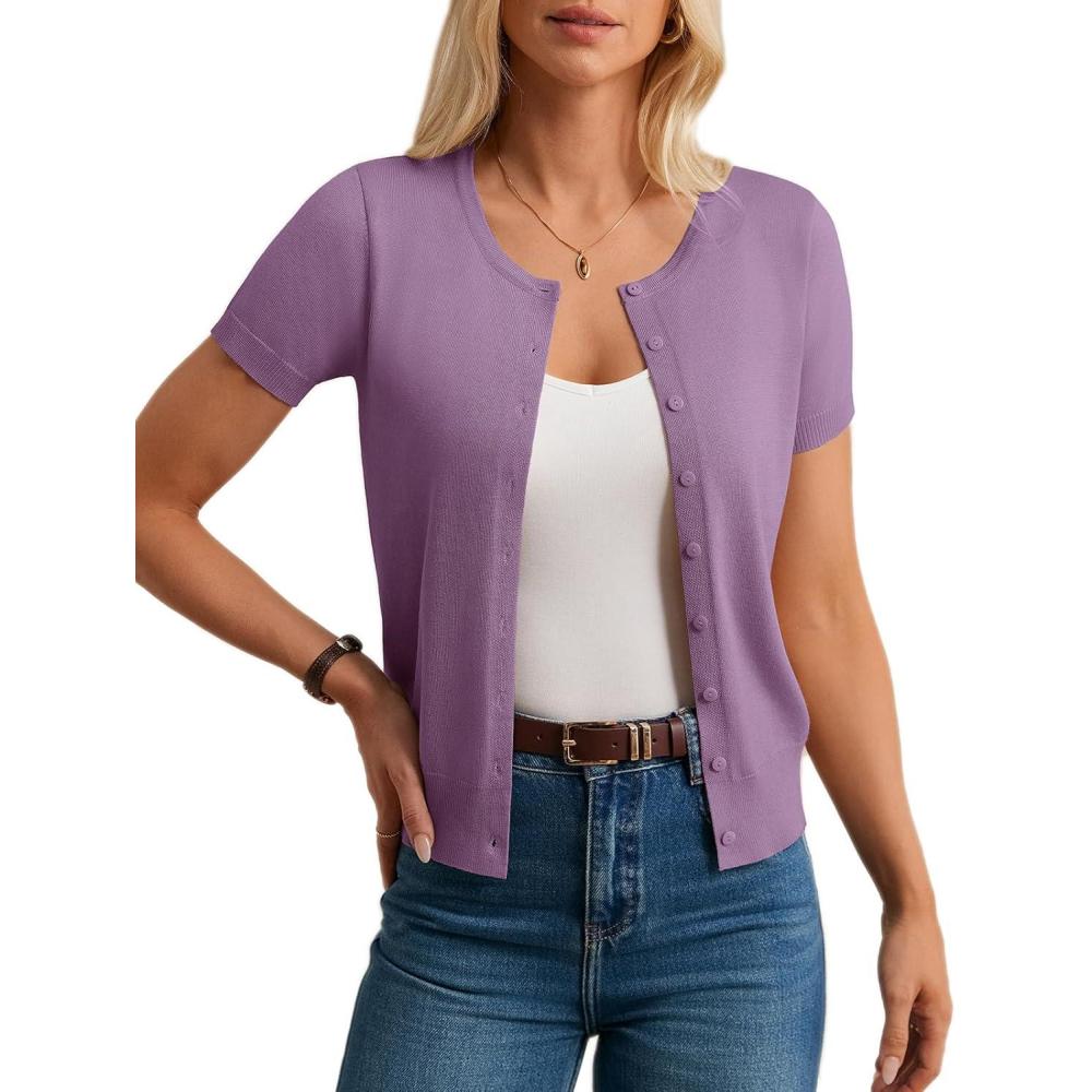 imageGRACE KARIN Womens Short Sleeve Cardigan Crewneck Basic Summer Button Down Knit Soft SweaterPurple