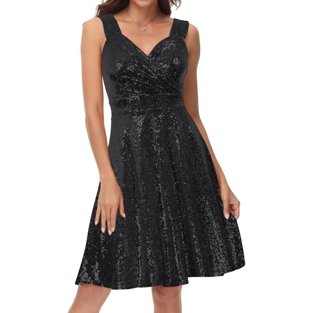 imageGRACE KARIN Womens Sleeveless Wrap VNeck Aline Bridesmaid Cocktail Party DressBlacksequin