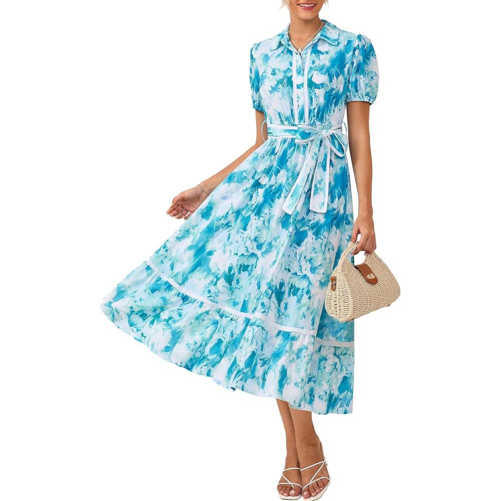 imageGRACE KARIN Womens Summer Floral Maxi Dress Puff Short Sleeve Shirt Dress Boho Casual Flowy Dresses with Tie Belt amp PocketsBlue Floral