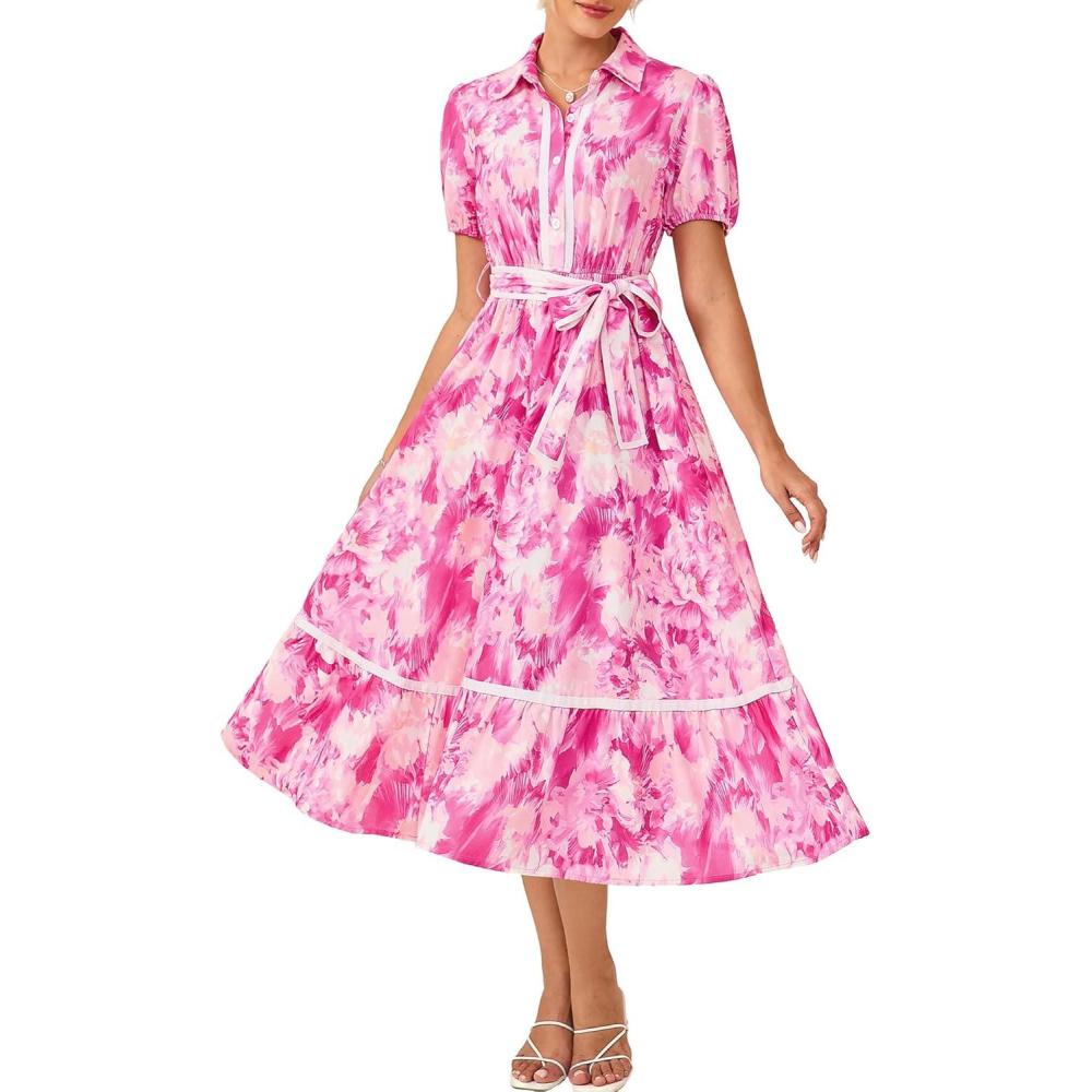 imageGRACE KARIN Womens Summer Floral Maxi Dress Puff Short Sleeve Shirt Dress Boho Casual Flowy Dresses with Tie Belt amp PocketsRose Floral