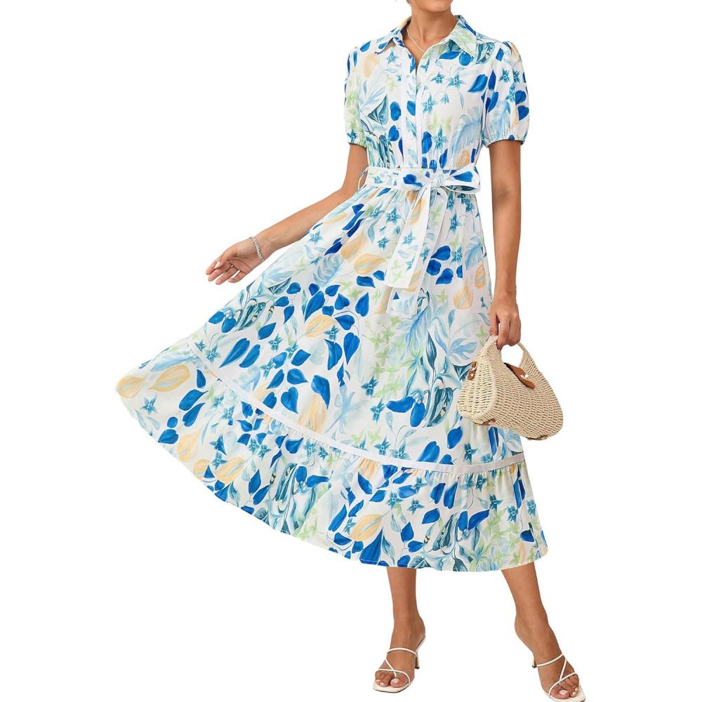 imageGRACE KARIN Womens Summer Floral Maxi Dress Puff Short Sleeve Shirt Dress Boho Casual Flowy Dresses with Tie Belt amp PocketsWhite Blue