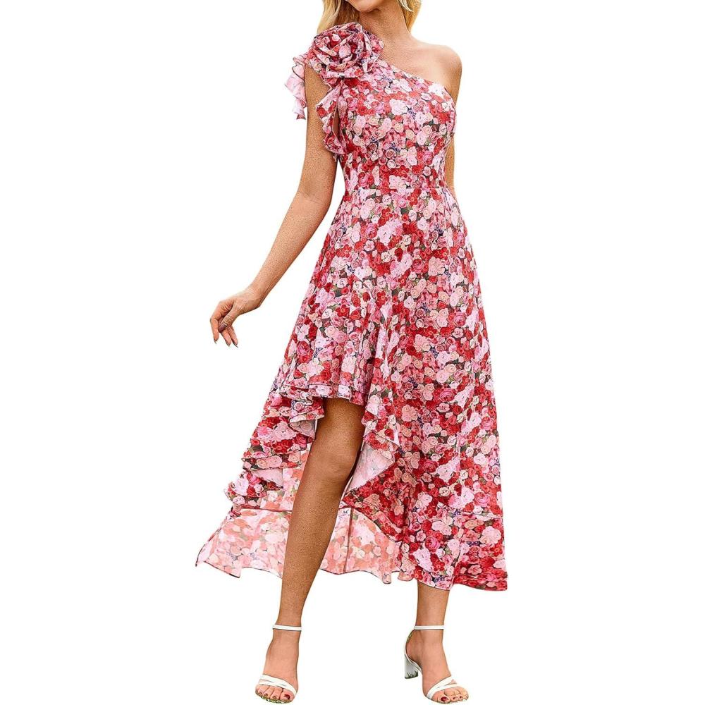 imageGRACE KARIN Womens Summer One Shoulder Sleeveless Dresses Floral Flowy Ruffle High Low Wedding Guest Maxi Sundresses02 Pink Flower