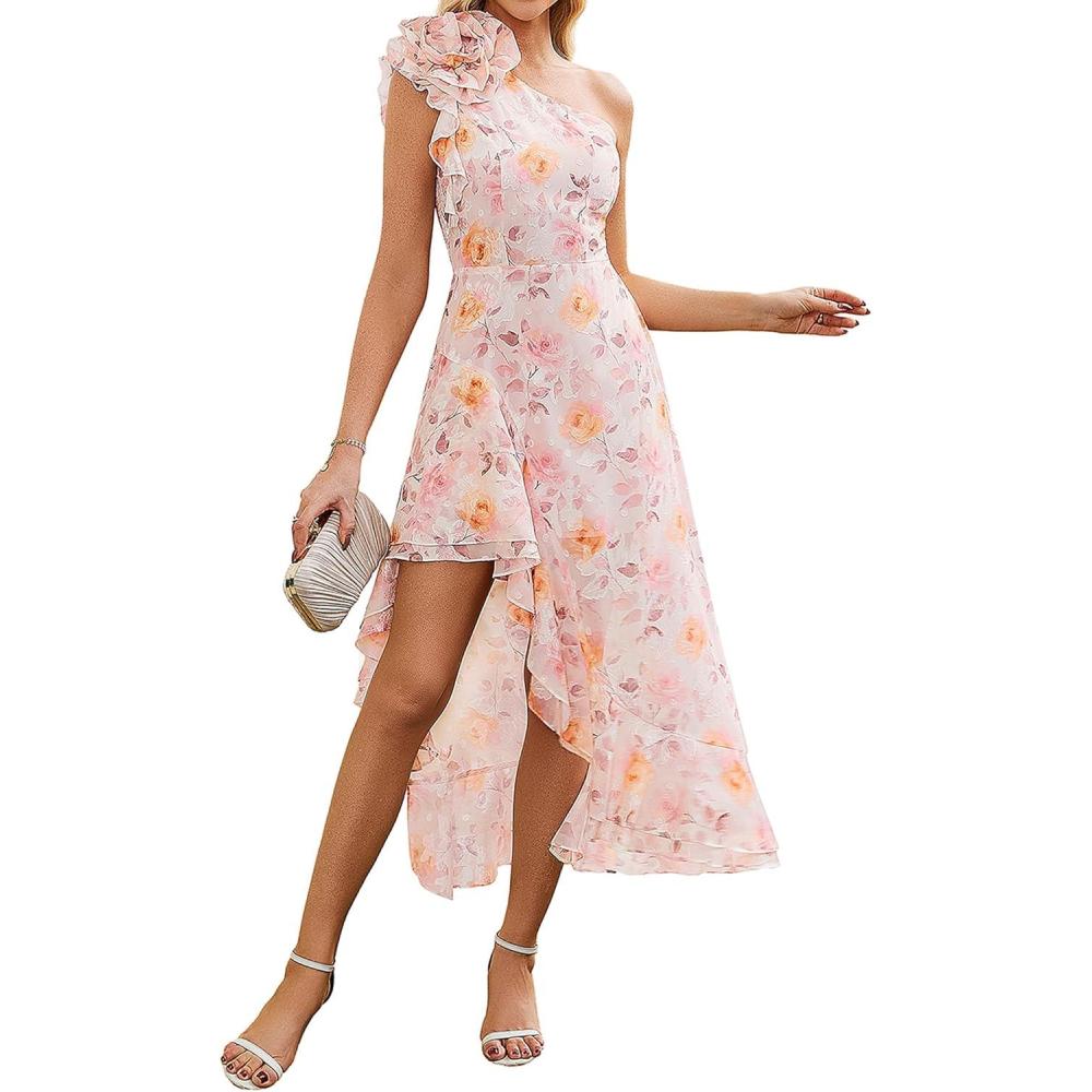 imageGRACE KARIN Womens Summer One Shoulder Sleeveless Dresses Floral Flowy Ruffle High Low Wedding Guest Maxi SundressesLight Pink Flowers