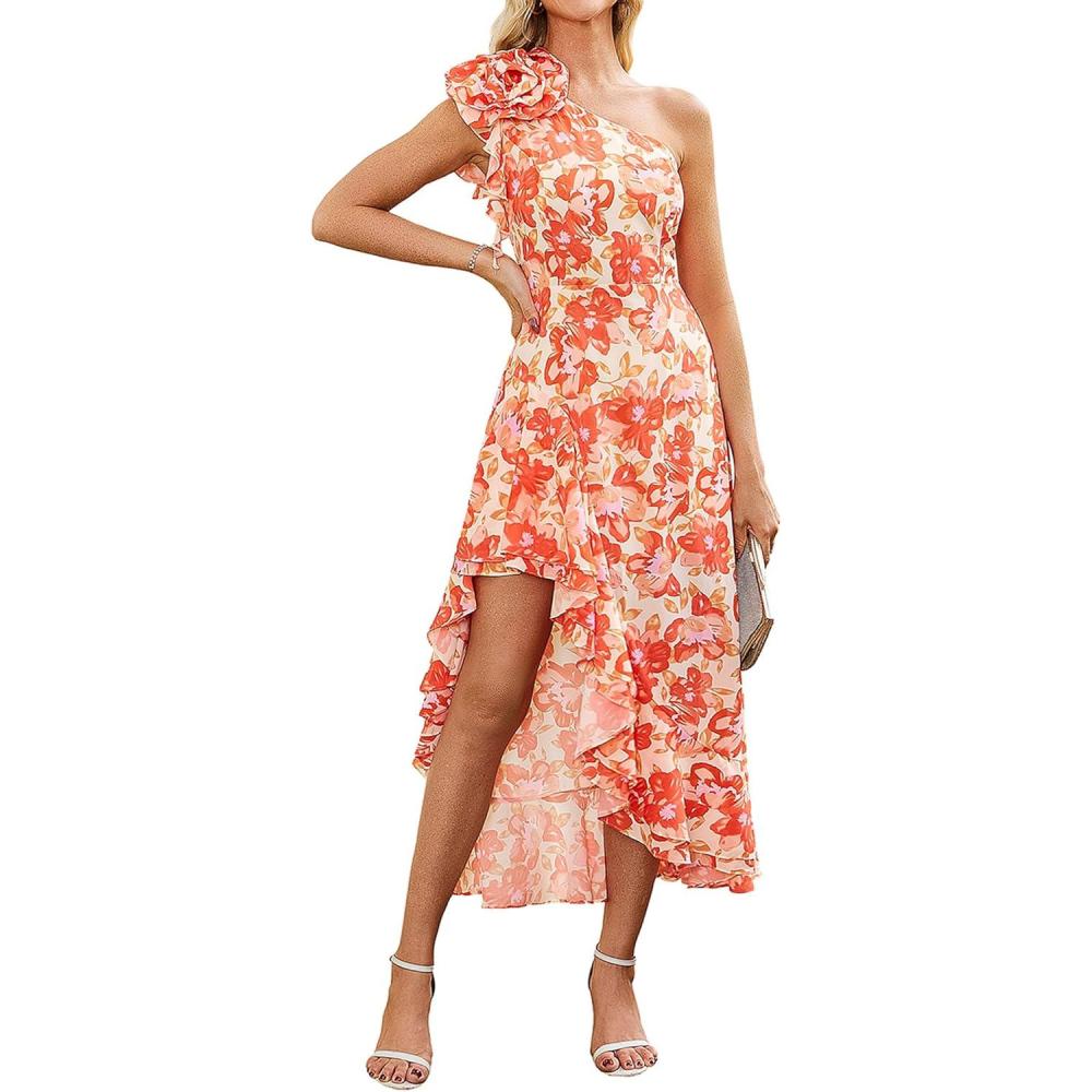 imageGRACE KARIN Womens Summer One Shoulder Sleeveless Dresses Floral Flowy Ruffle High Low Wedding Guest Maxi SundressesYellow Orange