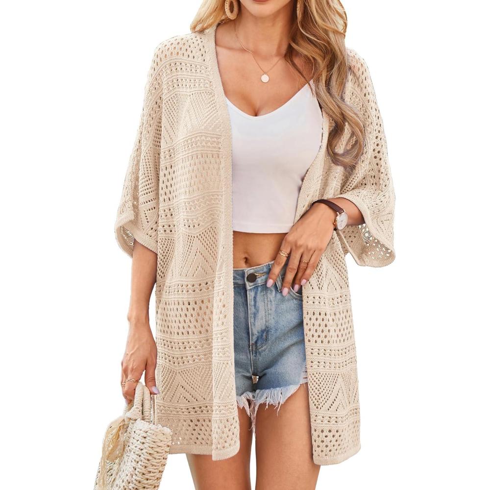 imageGRACE KARIN Womens Summer Short Sleeve Crochet Cardigan Sweaters Lightweight 2026 Oversized Knit Boho Kimono CardigansApricot