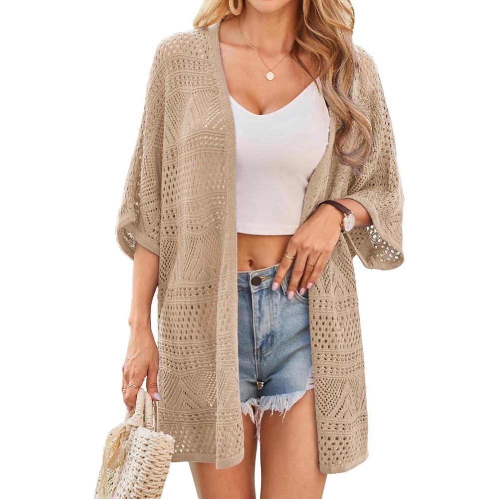 imageGRACE KARIN Womens Summer Short Sleeve Crochet Cardigan Sweaters Lightweight 2026 Oversized Knit Boho Kimono CardigansBeige