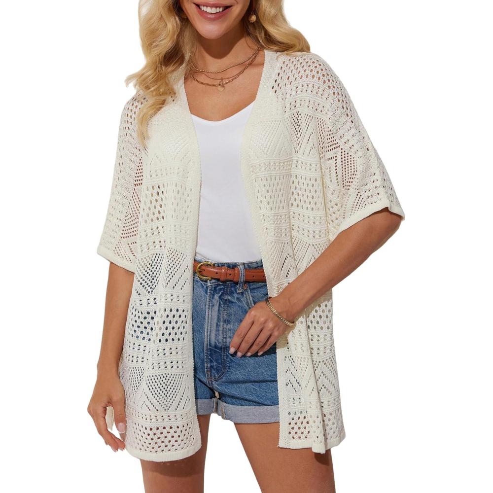 imageGRACE KARIN Womens Summer Short Sleeve Crochet Cardigan Sweaters Lightweight 2026 Oversized Knit Boho Kimono CardigansIvory White