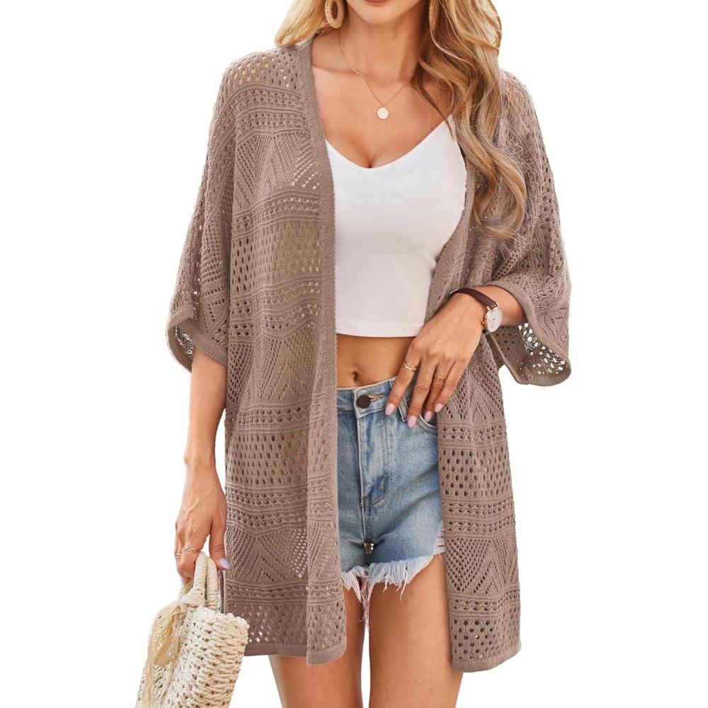 imageGRACE KARIN Womens Summer Short Sleeve Crochet Cardigan Sweaters Lightweight 2026 Oversized Knit Boho Kimono CardigansKhaki