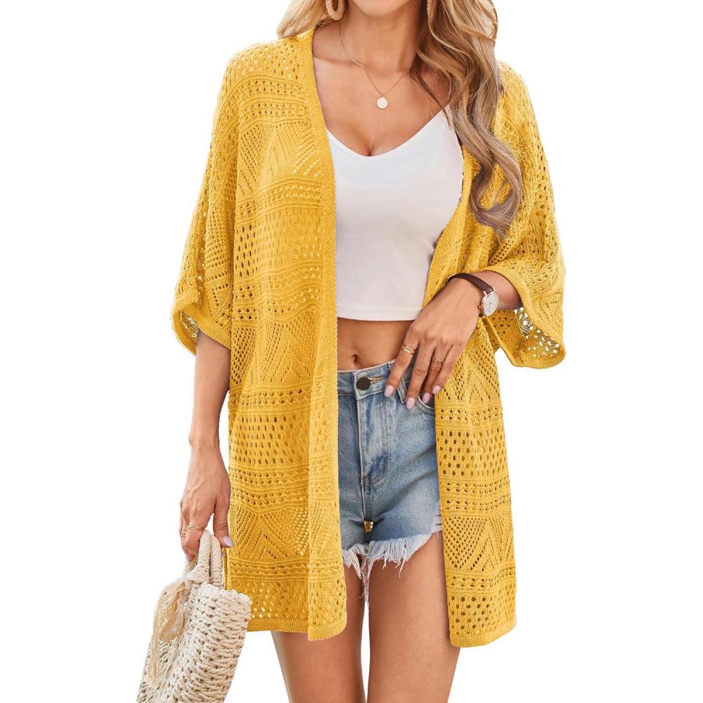 imageGRACE KARIN Womens Summer Short Sleeve Crochet Cardigan Sweaters Lightweight 2026 Oversized Knit Boho Kimono CardigansYellow
