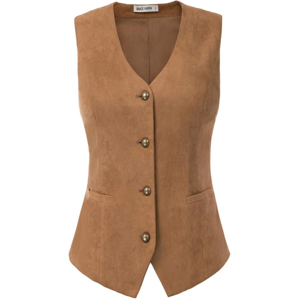 imageGRACE KARIN Womens VNeck Slim Fit Office Bottoned Dressy Suit Vest WaistcoatsBrown