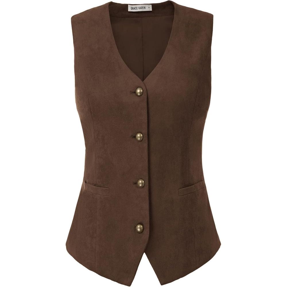 imageGRACE KARIN Womens VNeck Slim Fit Office Bottoned Dressy Suit Vest WaistcoatsCoffee