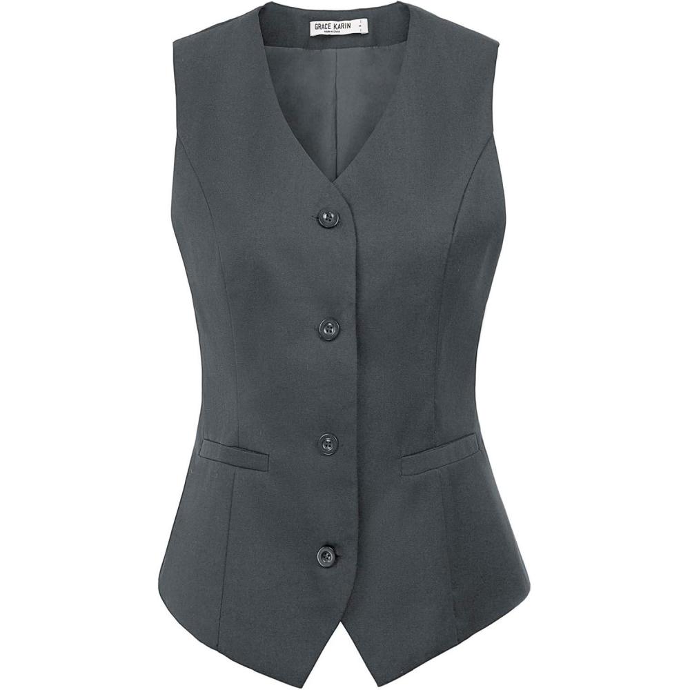 imageGRACE KARIN Womens VNeck Slim Fit Office Bottoned Dressy Suit Vest WaistcoatsDark Gray
