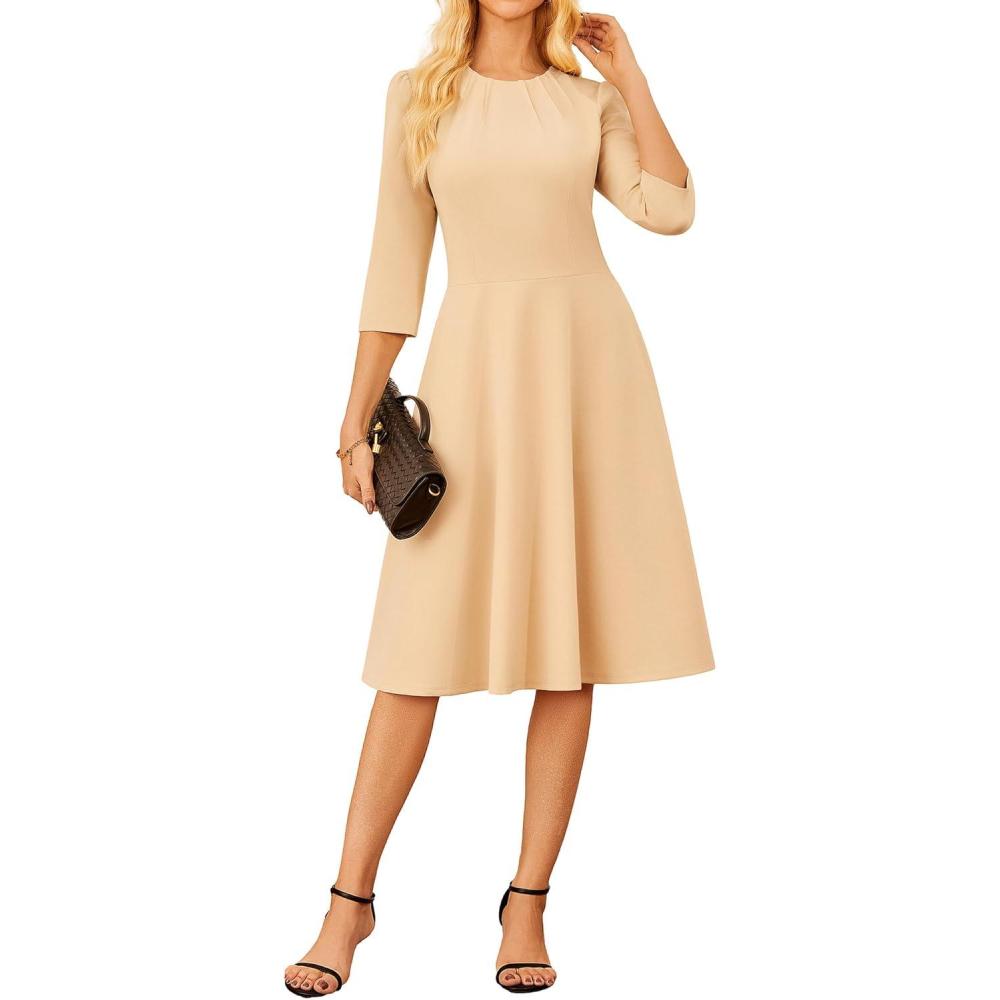 imageGRACE KARIN Work Dresses for Women 202534 Sleeve Church Dresses Aline Fall Wedding Guest Dress with PocketsApricot