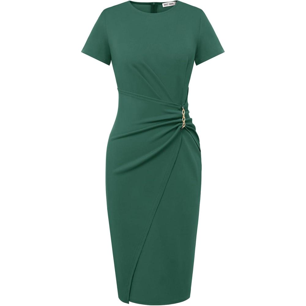 imageGRACE KARIN Work Dresses for Women 2026 Short Sleeve Sheath Business Midi Dress Ruched Bodycon Office Church OutfitsDark Green