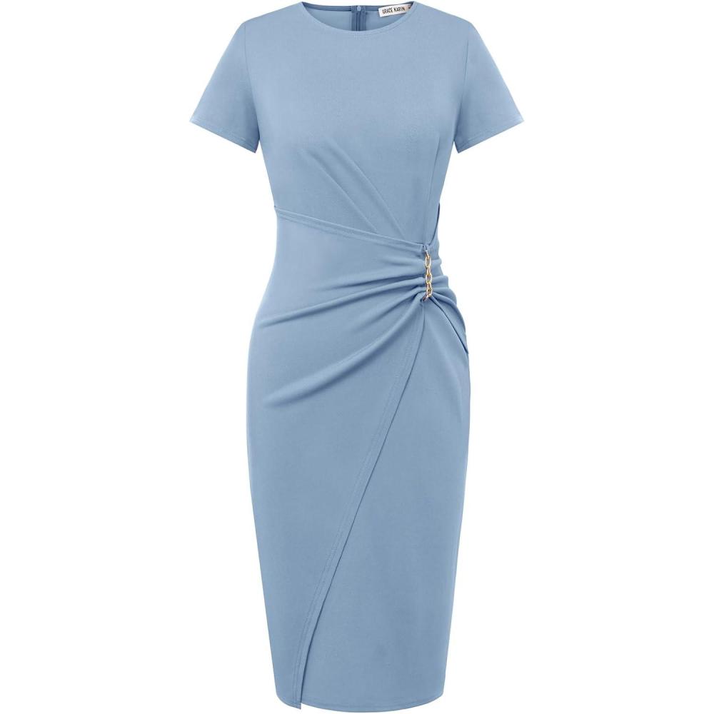 imageGRACE KARIN Work Dresses for Women 2026 Short Sleeve Sheath Business Midi Dress Ruched Bodycon Office Church OutfitsGray Blue