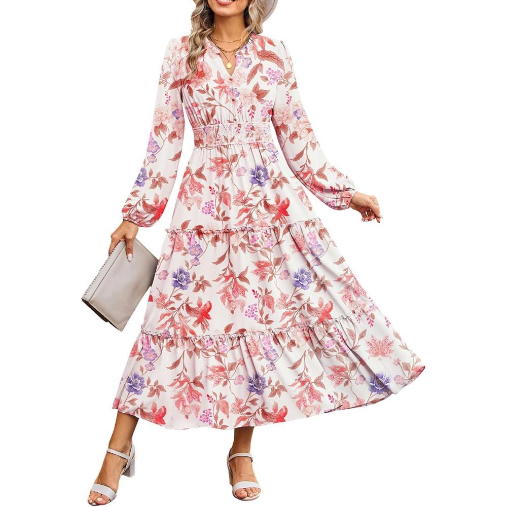 imageWomen Long Sleeve Midi Dress Boho Floral Casual Flowy A Line Dresses Spring Elegant Classy Dress with PocketApricot
