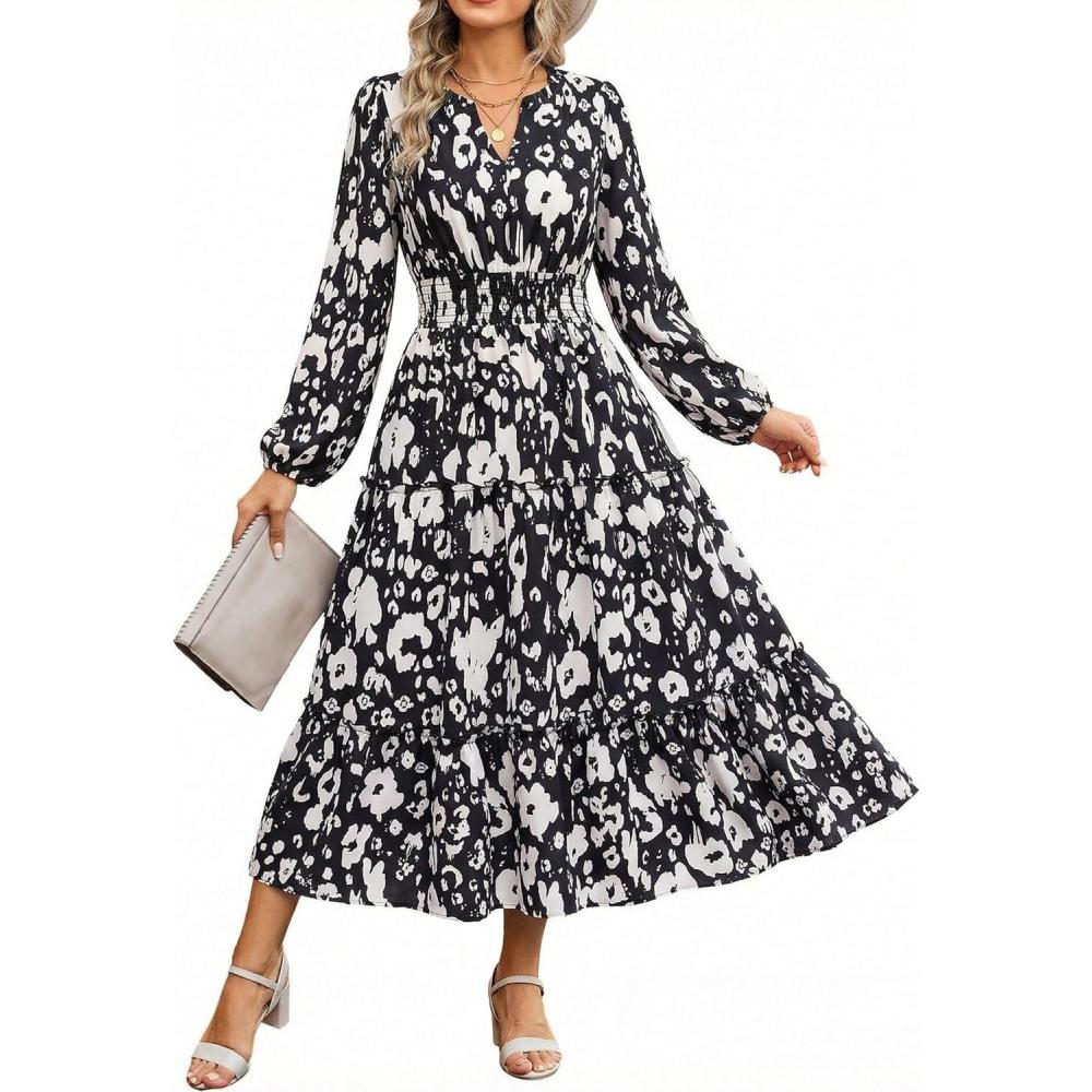 imageWomen Long Sleeve Midi Dress Boho Floral Casual Flowy A Line Dresses Spring Elegant Classy Dress with PocketBlack